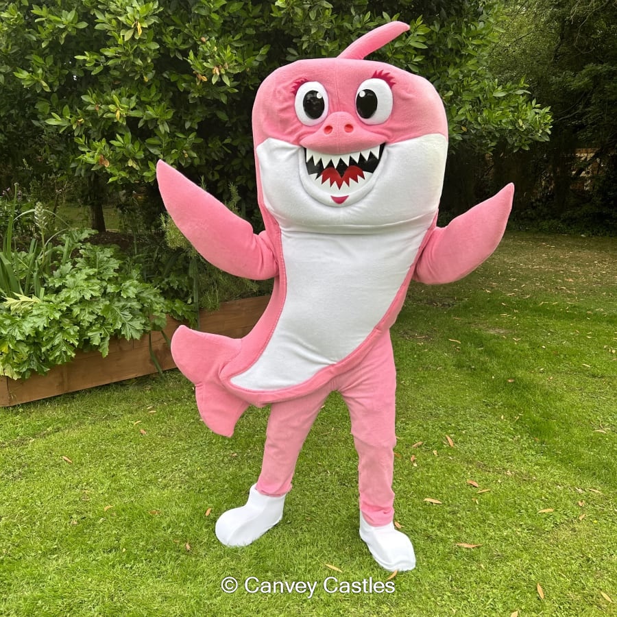 Pink Baby Shark Mascot Costume Bouncy Castle Hire in Essex